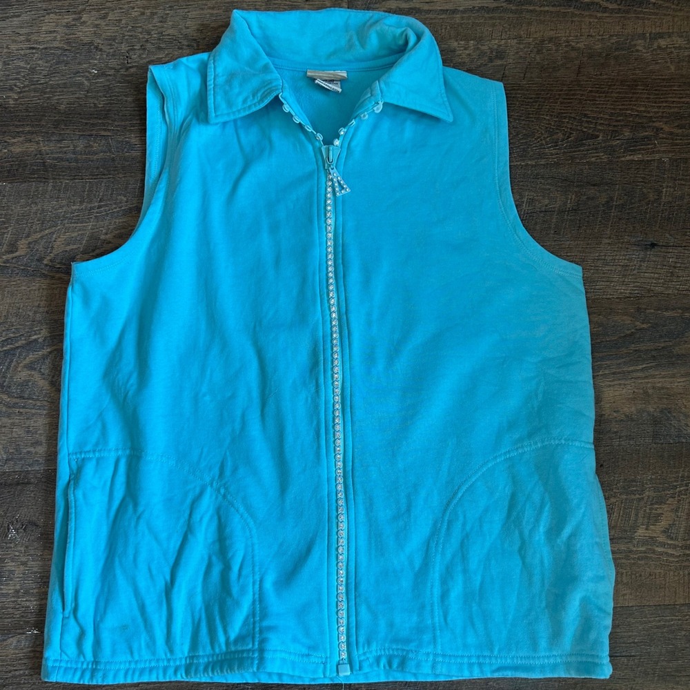 Distinct Womens Turquoise Blue Rhinestone Full Zip Fleece Vest XL Y2K Style